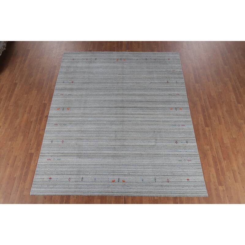 Hand Knotted Oriental Silk Carpet Tribal Animal Pictorial Greys & Charcoal Gabbeh Area Rug - 10' 1'' X 8' 2''