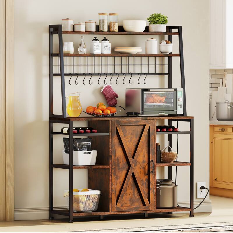 Moasis 5-Tier Kitchen Bakers Rack with Power Outlets USB Ports, Microwave Stand with Door and Shelves
