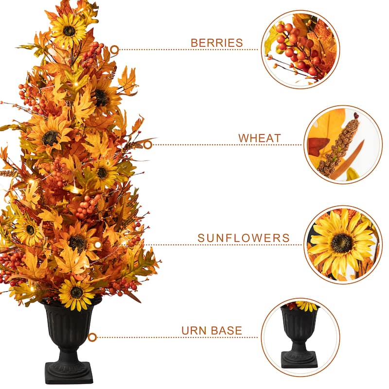 Glitzhome 48"H Fall Lighted Maple Leaf Sunflower Urn Porch Trees with Timer