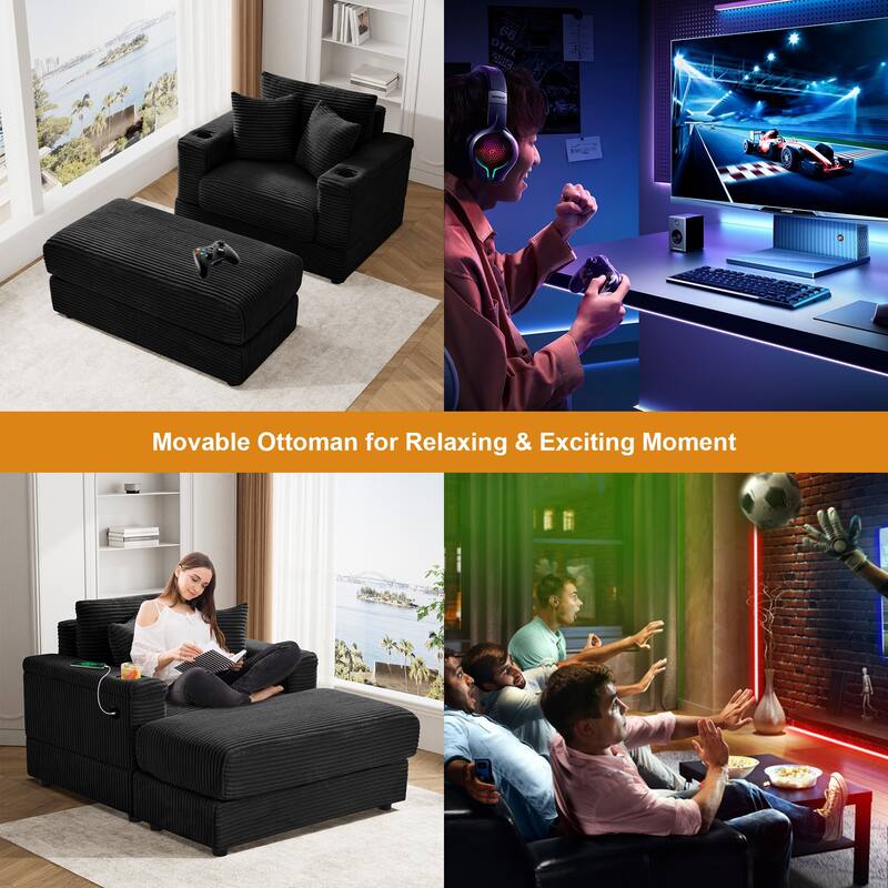 Ouyessir Upholstered Deep Seat Single Sofa with Ottoman for Living Room