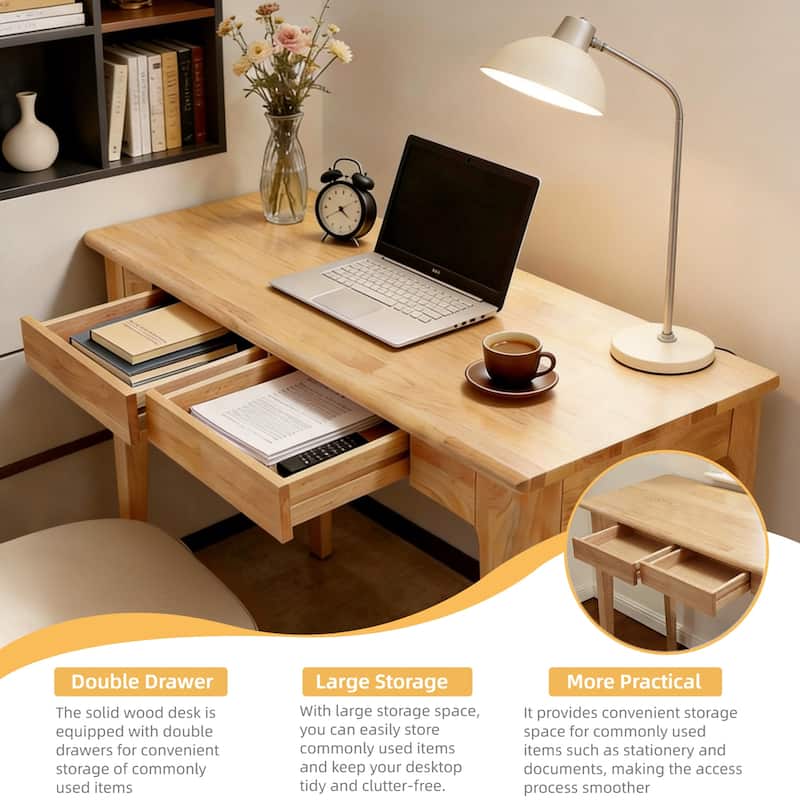Solid Wood Desk with Drawers, Standing Desk with Smooth Edges, Home Office Desk for Small Spaces, for Bedroom, Living Room