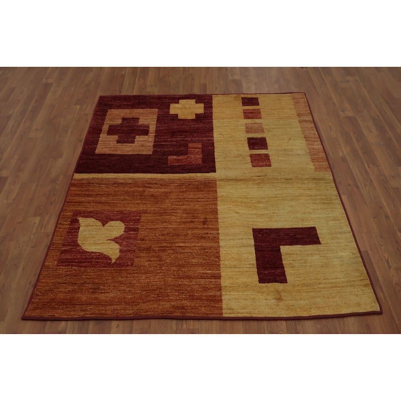 Hand Knotted Oriental 100% Wool Carpet Modern Geometric Yellow & Gold Gabbeh Area Rug - 5' 5'' X 4' 7''