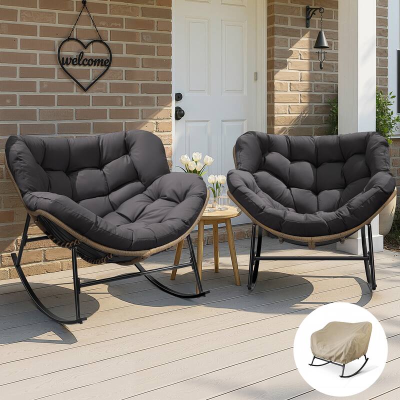 Outdoor Rocking Papasan Chair, Wide Egg Rocking Chair with Thick Padded Cushion, 450 lb Capacity Patio Relaxing Rocker - 2PCS-Gray w/ 2 covers