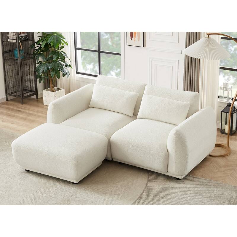 Comfy Lambswool Sectional Couch For Living Room, Boucle Convertible Modular Sofa - White-2 Seats & 1 Ottoman