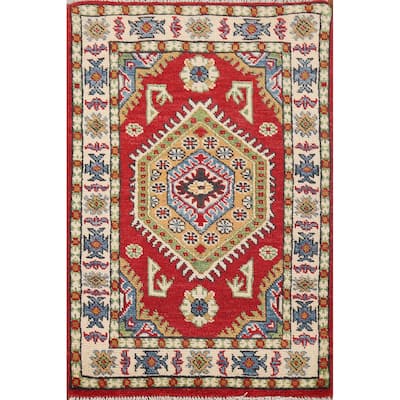 Red Kazak Foyer Rug Hand-Knotted Geometric Wool Carpet - 2'0" x 3'2"