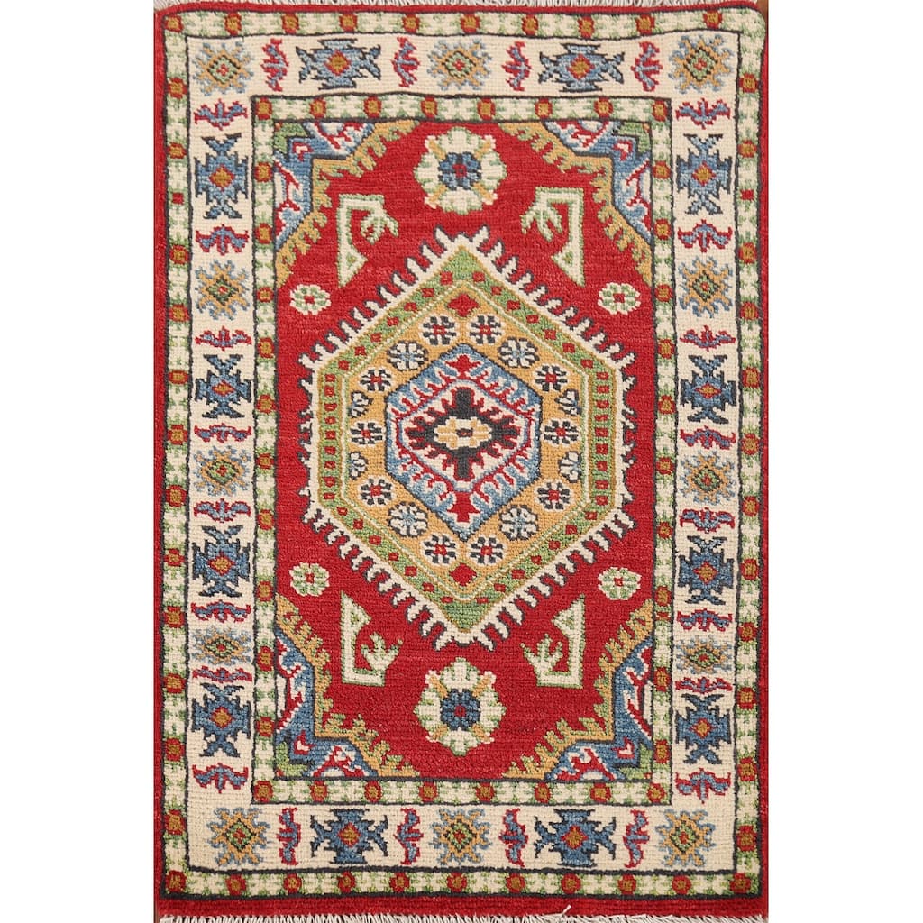 Red Kazak Foyer Rug Hand-Knotted Geometric Wool Carpet - 2'0" x 3'2"