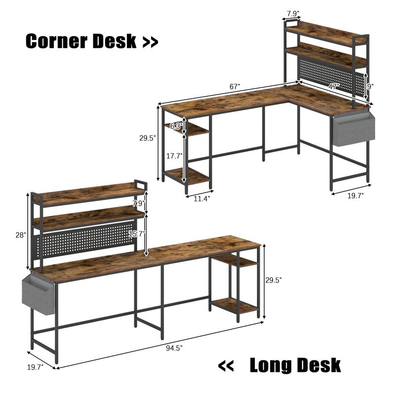 L Shaped Office Desk, Reversible Corner Computer Desk with Power Outlet and LED Light, Gaming Desk with Storage Shelf