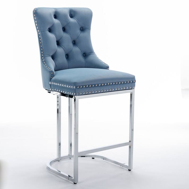 Modern Upholstered Bar Stools with Tufted Backs and Footrest（Set of 2）Blue - Set of 2