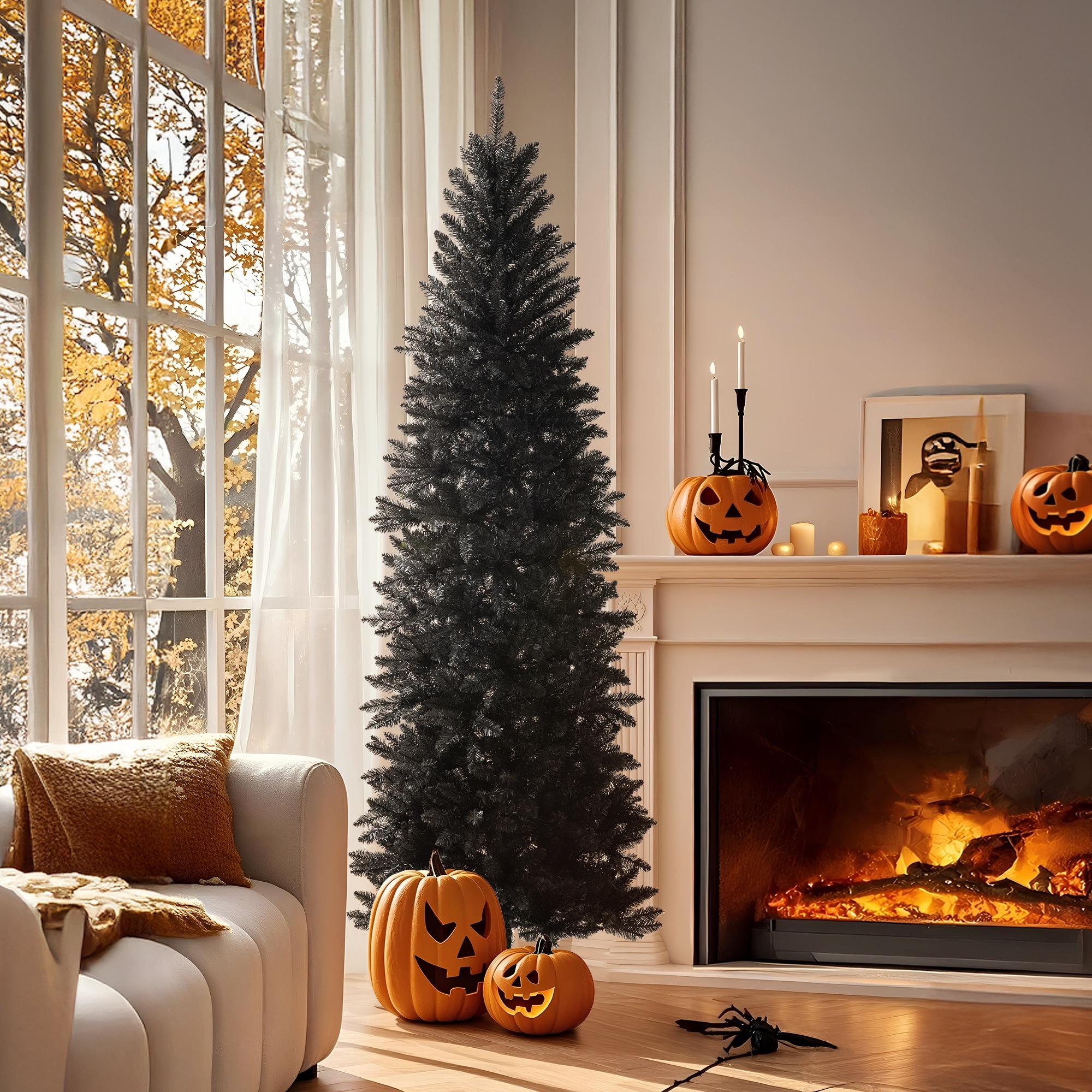 Glitzhome 7.5FT/9FT Halloween Black or Christmas Silver Unlit Tinsel Slim Pencil Artificial Trees