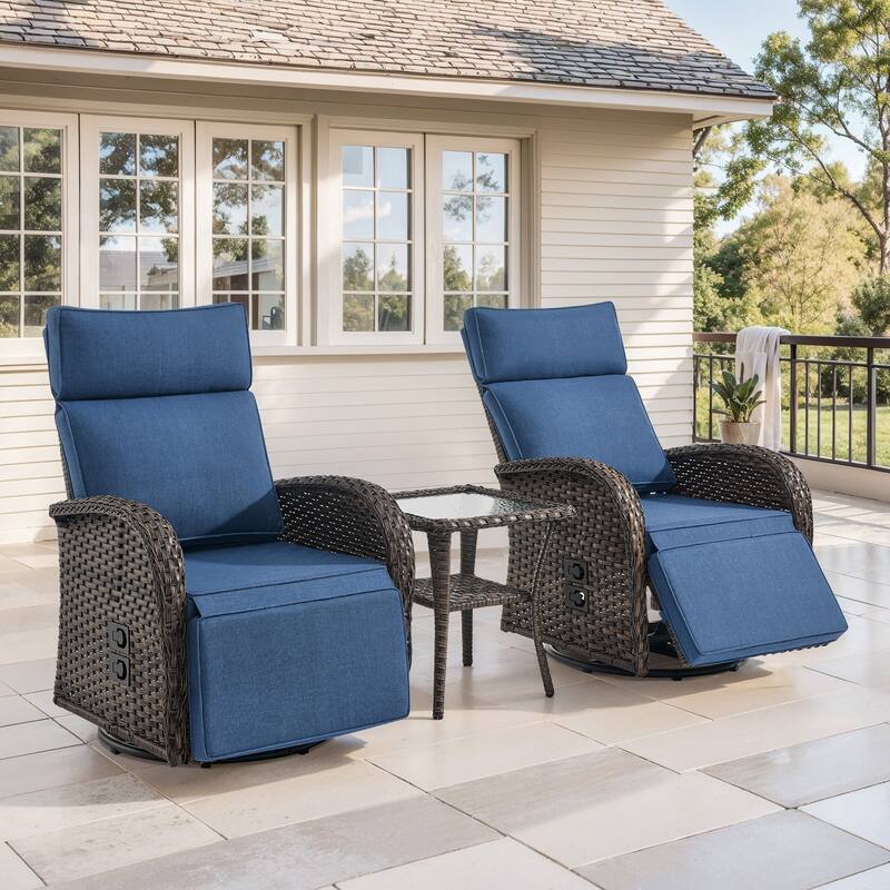 Meyreso 3-Piece Wicker Swivel Reclining Chaise Lounge with Adjustable Backrest & Footrest
