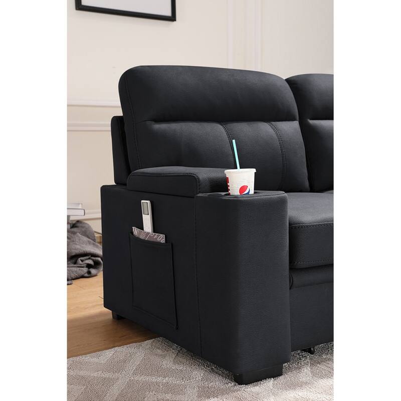 Polished Microfiber Sleeper Sectional Sofa Chaise with Cupholder