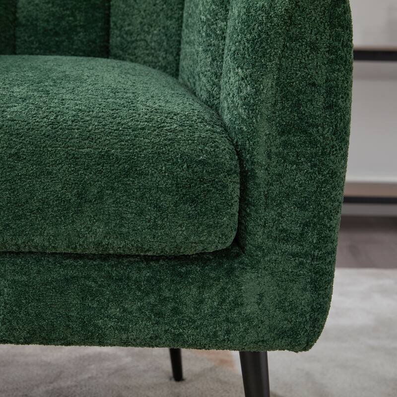 Chenille Upholstered Barrel Accent Chair, Channel Tufted Lounge Armchair, Round Reading Chair with Curved Backrest & Metal Legs