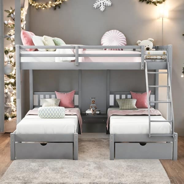 slide 2 of 20, Modern Full Over Twin&Twin Bunk Bed,Wood Triple Bunk Bed With Drawers And Guardrails,Solid Construction Grey