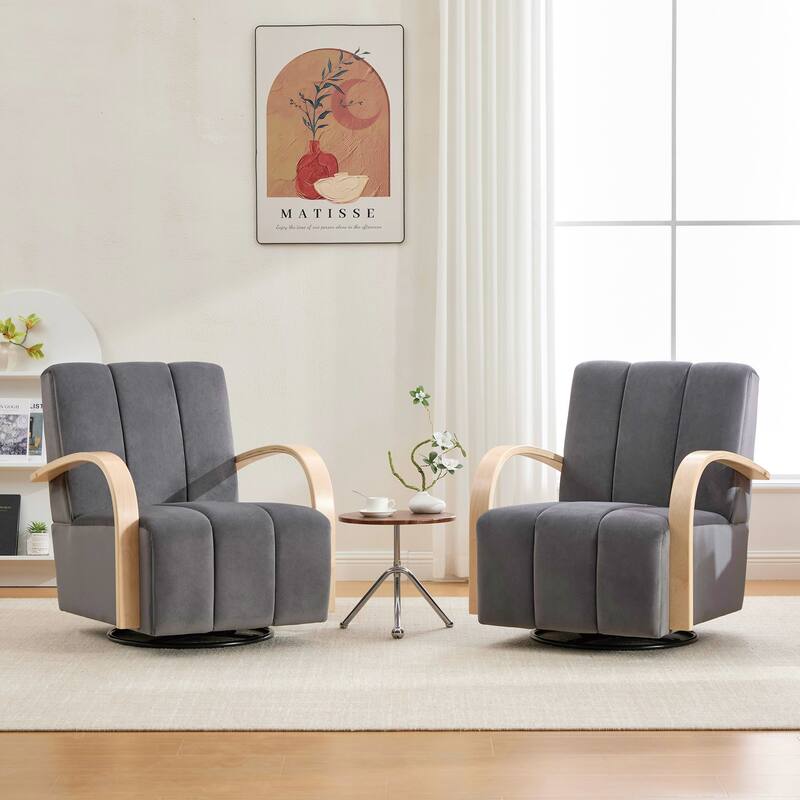 30.7"W Upholstered 360°Swivel Accent Chair with Solid Wood Armrests and Comfy Channel Tufted Lounge Reading Chair