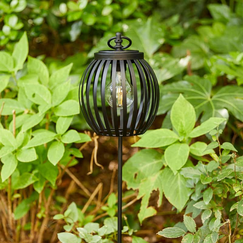Glitzhome Metal Stripes Waterproof Solar Powered Outdoor Lantern with Garden Stake - Round