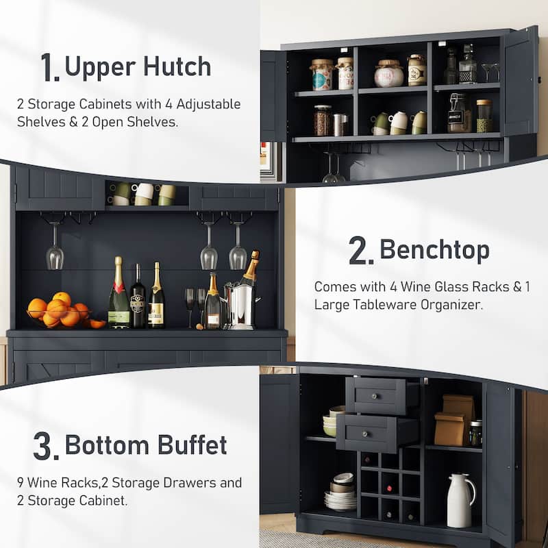 Anmytek Dark Blue Farmhouse Coffee Bar Cabinet, Kitchen Buffet with Wine Storage and Glass Racks