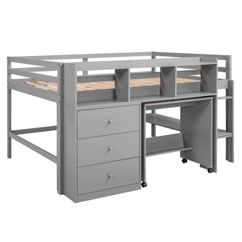 Low Loft Bed with Rolling Portable Desk, Drawers, Shelves Bed Bath & Beyond 38213672