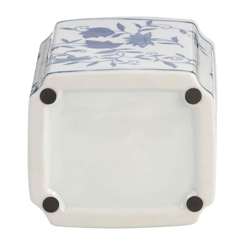 Sagebrook Home 8" Ceramic Box Jar - A Contemporary Piece with Classic Blue & White Chinoiserie Floral Design.