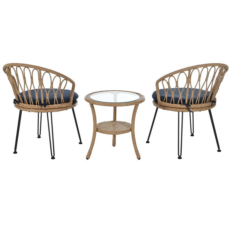 Outdoor Leisure Set, 2 Rattan Single Chairs with A Glass Round Table, Perfectly Suited for Patios, Balconies, and Courtyards
