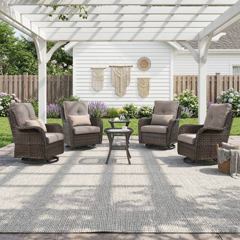 Pocassy Outdoor Patio Wciker Sofa Furniture Set of Chair Table. - Brown Wicker with Gray Cushion - 6-Piece Swivel Chairs w/ Side Table
