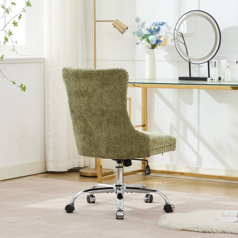 Chenille Upholstered Swivel Office Chair, Tufted Button Home Office Chair, Adjustable Vanity Chair with Metal Base