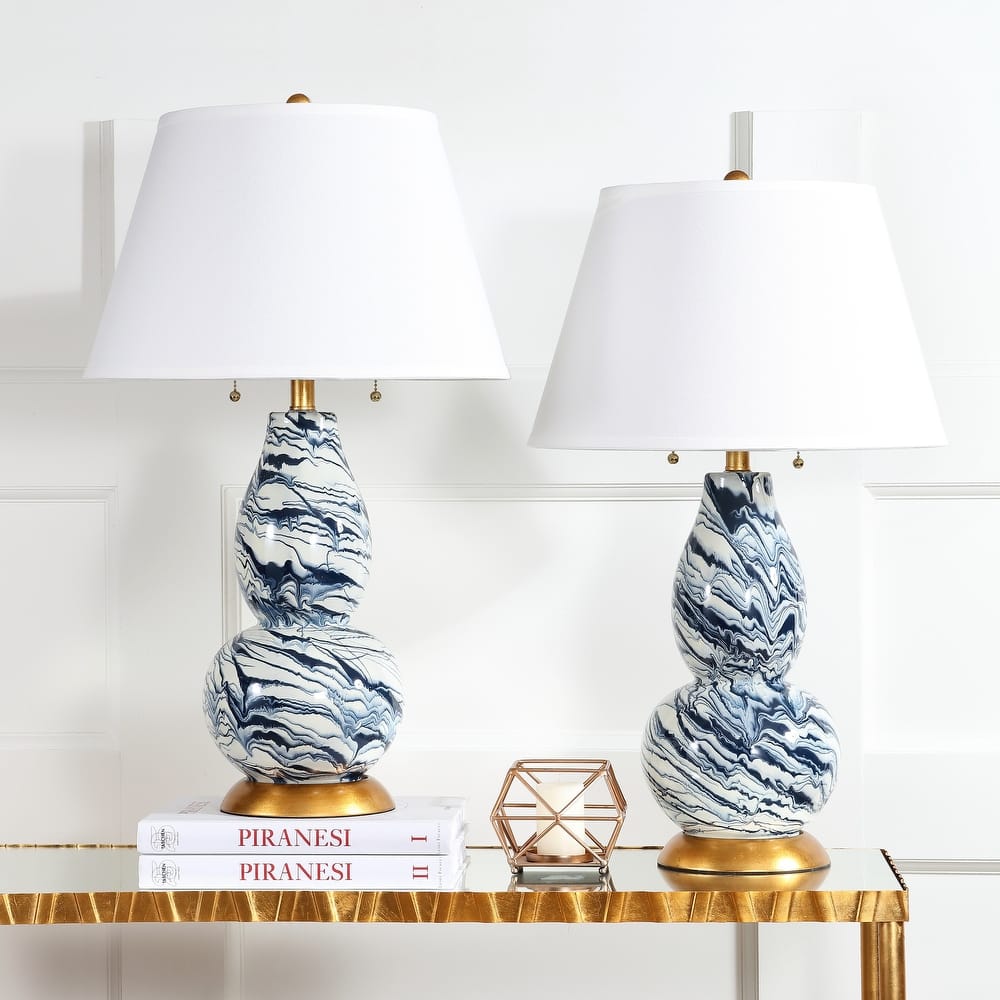 SAFAVIEH Lighting Sebrina 29-inch Navy And White Color Swirls Glass Table Lamp (Set of 2) - 17"x17"x28" - 17Wx17Dx28H