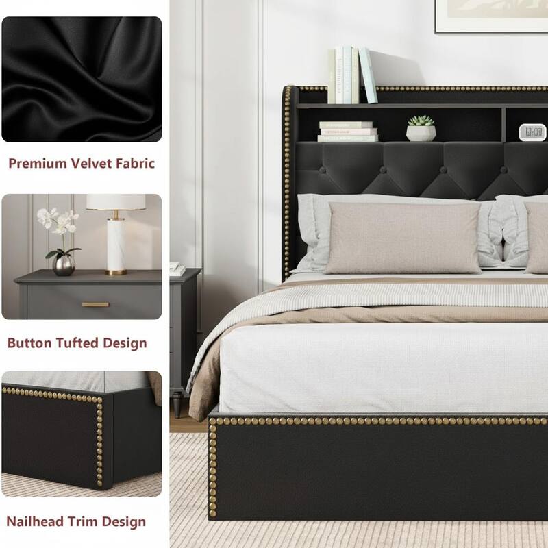 Velvet Bed Frame, with 4 Storage Drawer and Tufted Headboard