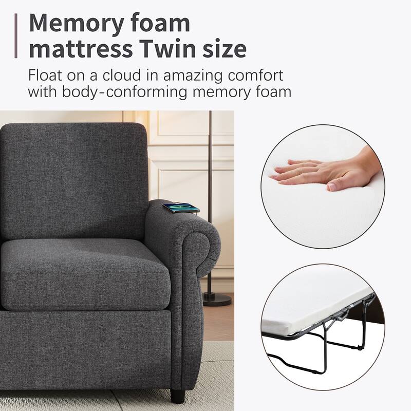 Roomfitters 57.9" Pull-Out Sleeper Sofa Loveseat with Twin Size Memory Foam Mattress, Two USB Charging Ports