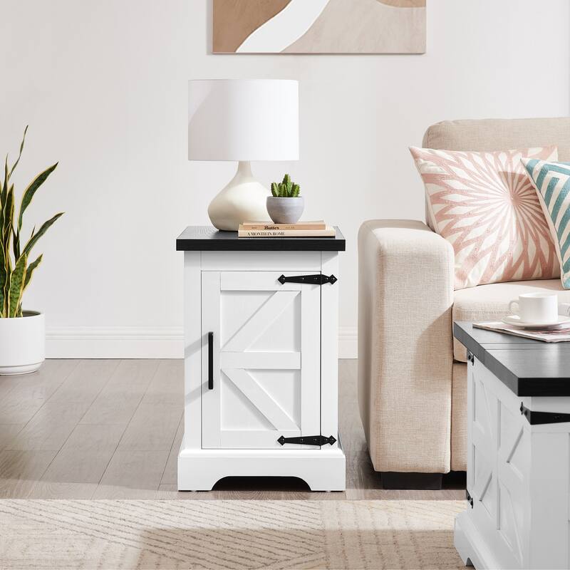 Farmhouse End Table Nightstand Rectangular Farmhouse End Table with Barn Door and Adjustable Storage Shelf - White+Black