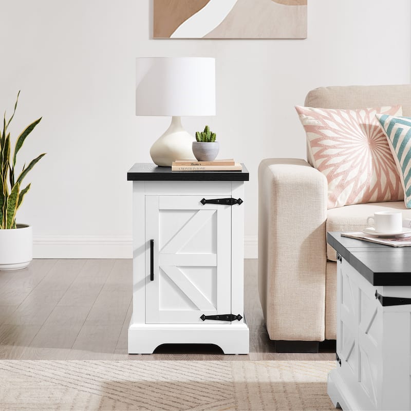 Farmhouse Side Table Narrow Nightstand with Barn Door and Hidden Cabinet for Bedroom Living Room