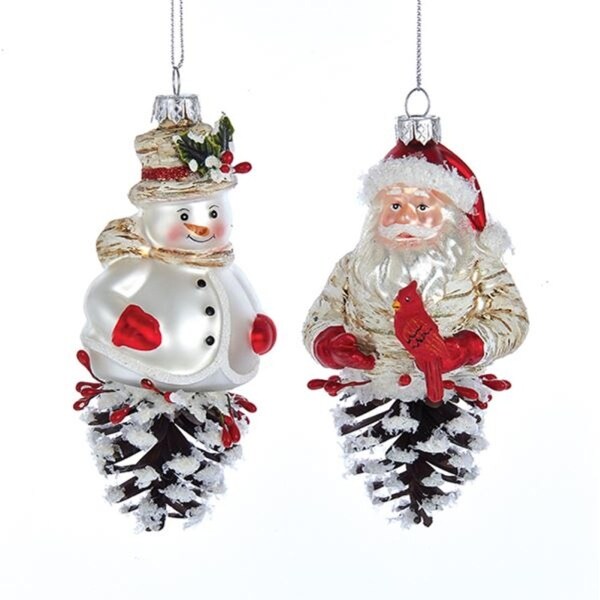 Pack Of 6 Soothing Colored Santa And Snowman On Pine Cones Glass Ornaments 5 Brown