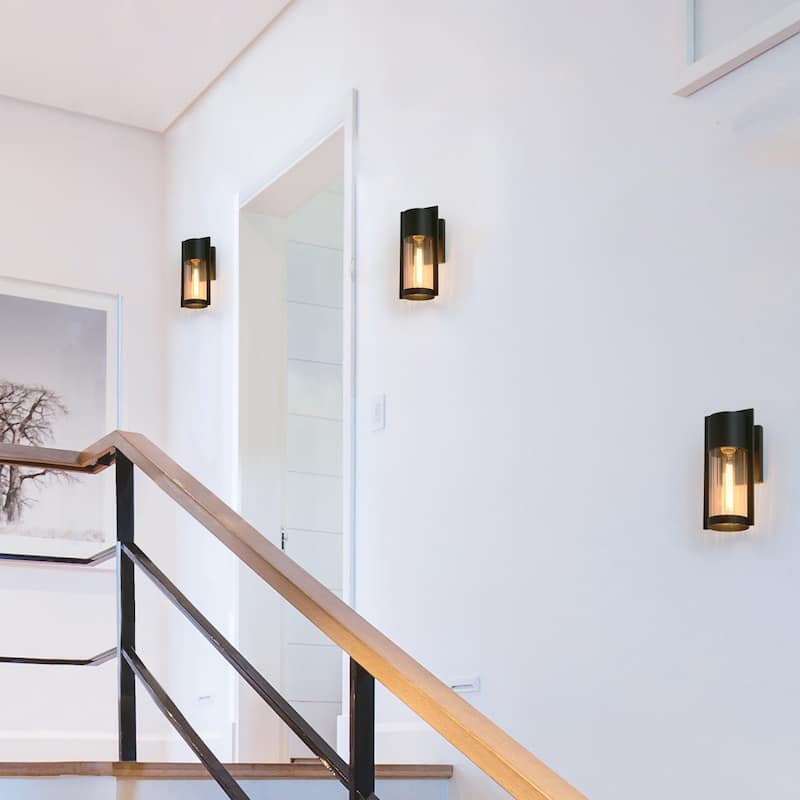 2-pack Aluminum Modern Black Outdoor Glass Sconce Farmhouse Cylinder LED Patio Wall Lantern