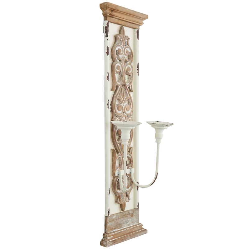 Wood Scroll Pillar 2 Plate Wall Sconce - Brown - Roche River Decor - 6"W x 10"L x 29"H
