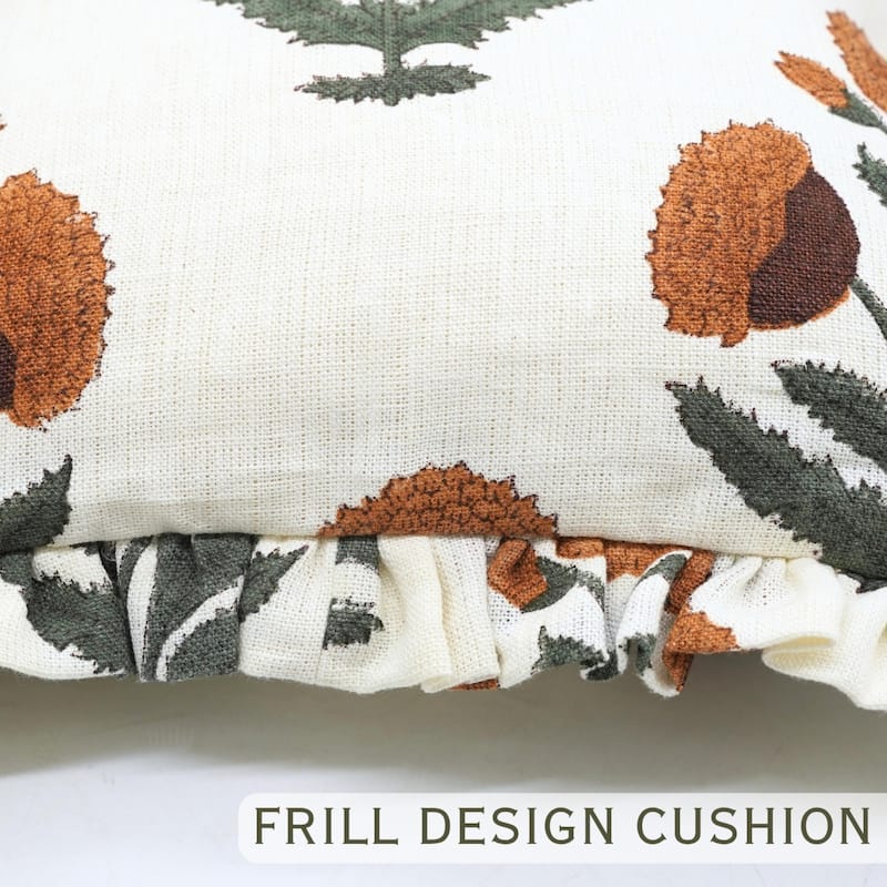 Fabdivine Heavy Linen Floral Ruffled Both Side Cushion Cover Home Décor Accent