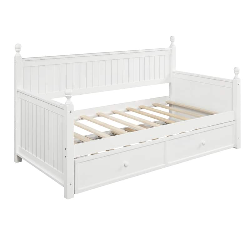 Twin Size White Wood Daybed with Trundle, Space-Saving Dual-Use Bed Frame
