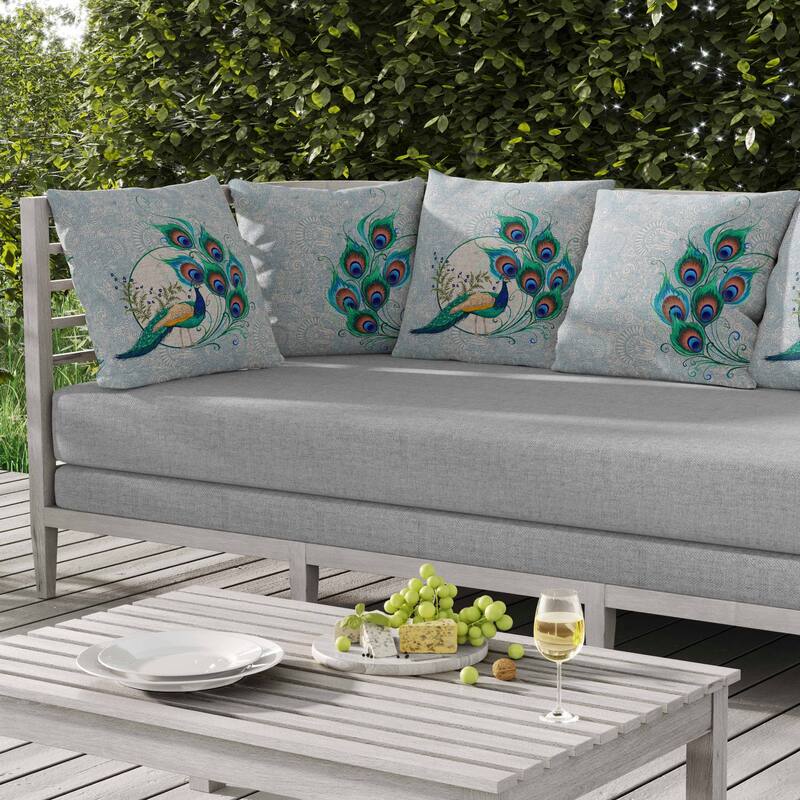 Paisley Peacock Dreams Indoor/Outdoor Reversible Throw Pillow Skyblue and Ivory