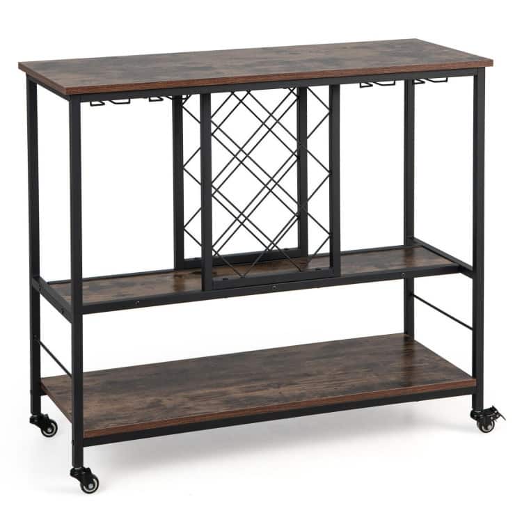 3-Tier Wine Bar Cabinet wit 8 Bottles Rack and 12 Glasses Hanger-Rustic Brown - 39.5" x 16" x 34" (L x W x H)