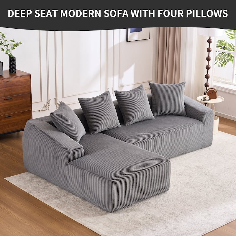 Grey Compression Sofa: Chaise Longue with 3 - Seater, Corduroy Fabric, Full Sponge, 4 Pillows