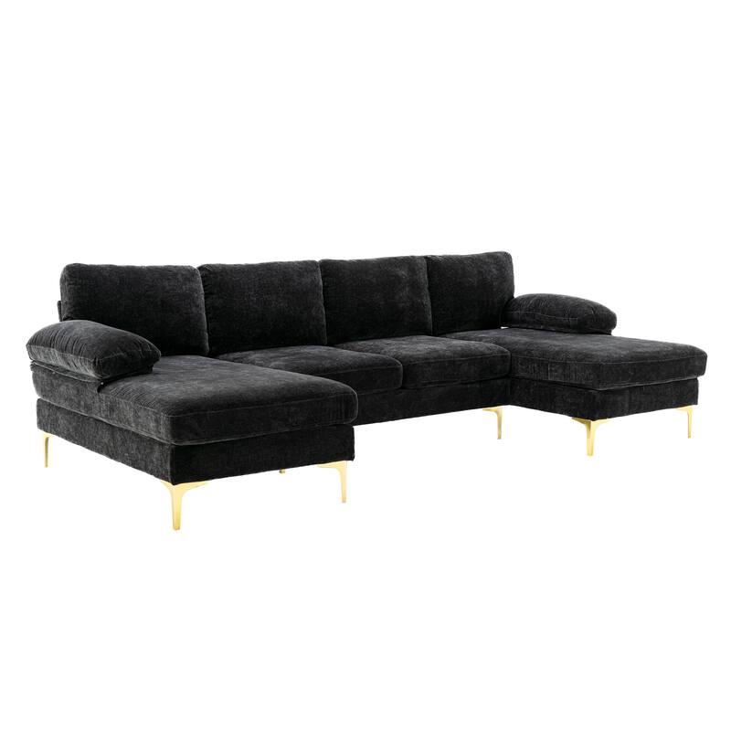 Living Room Chenille Fabric Sofa Sectional Sofa with Cushion Back, Pillow Top Arms, and Metal Legs