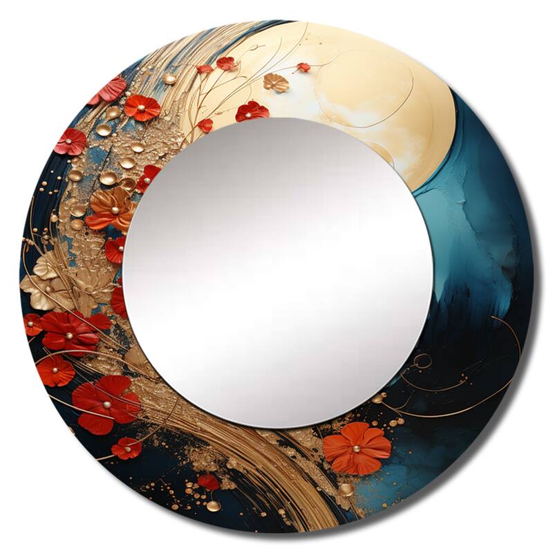 Designart "Gold Red Abstract Fractal Gold And Red" Abstract Living Room Mirror - Gold Modern Round Mirror