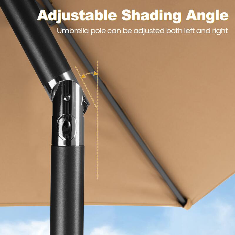 9-Piece Outdoor Patio Dining Set Wood Like Aluminum Umbrella Hole Table with Folding Chairs, Market Umbrella and Base