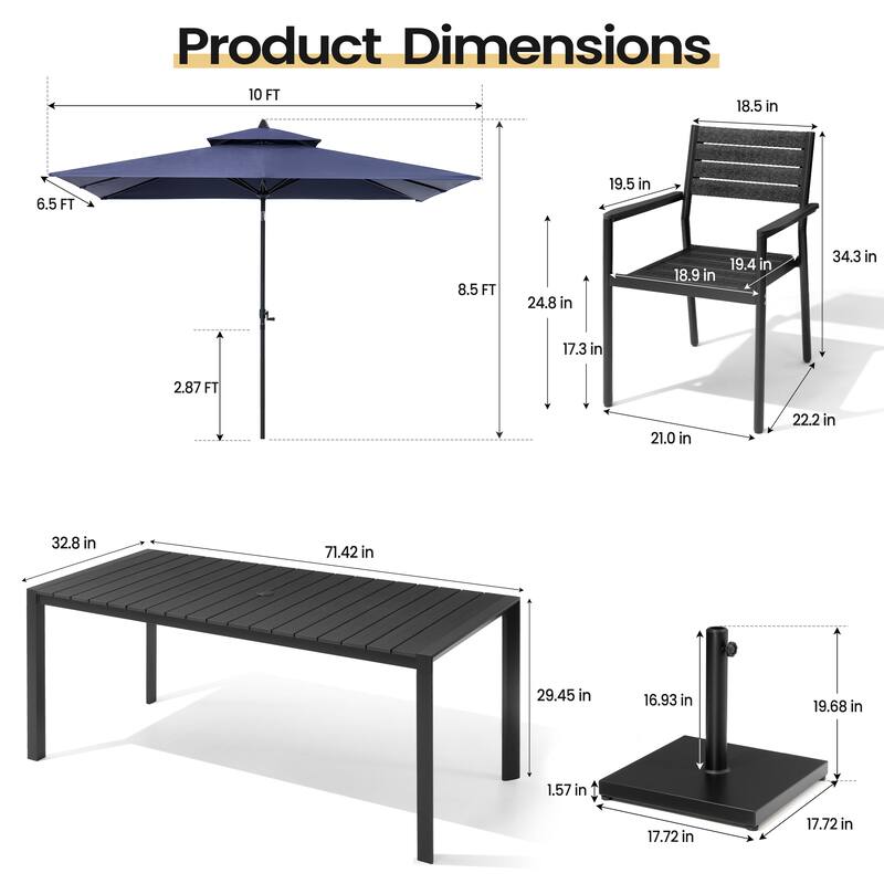 9-Piece Outdoor Patio Dining Set Wood Like Aluminum Umbrella Hole Table with Stackable Armchairs, Market Umbrella and Base