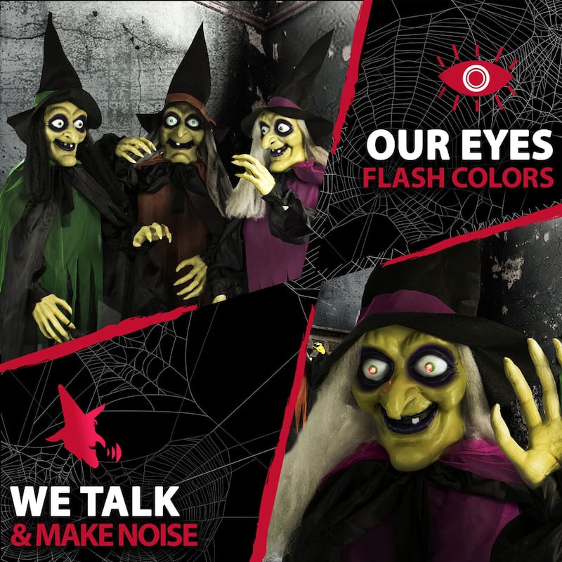 Haunted Hill Farm Life-Size Animatronic Witches, Indoor/Outdoor Halloween Decoration, Light-up Eyes, Poseable
