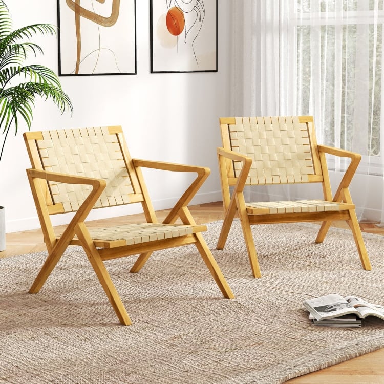 Natural Teak Wood Outdoor Accent Chair with PP Webbing Ergonomic - 33.5" x 25" x 29.5"