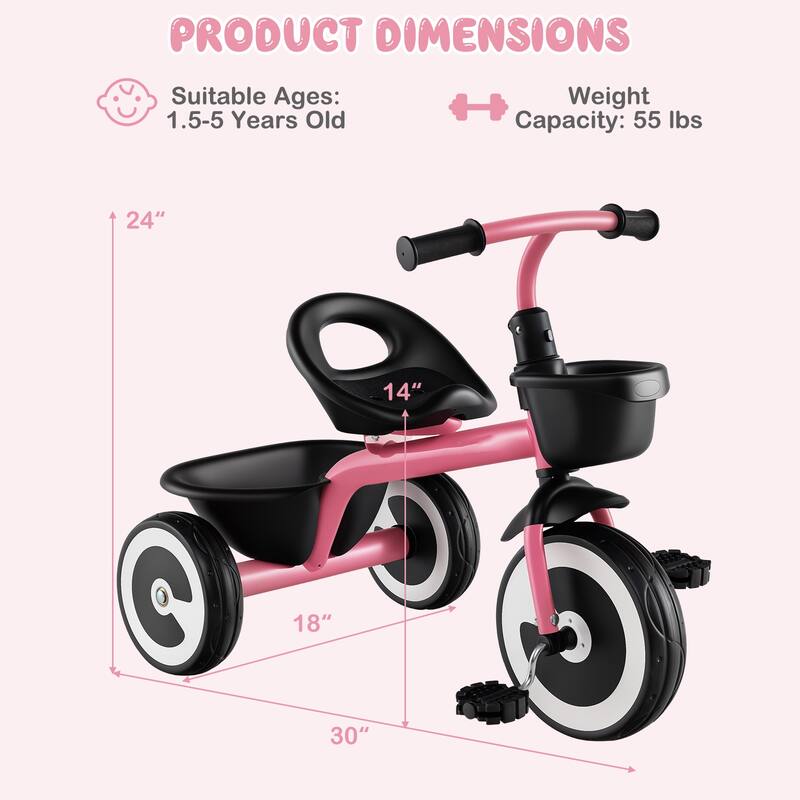 Toddler Tricycle for Boys and Girls with Carbon Steel Frame Indoor and Outdoor Kids Pedal Bike - 30" × 18" × 24"