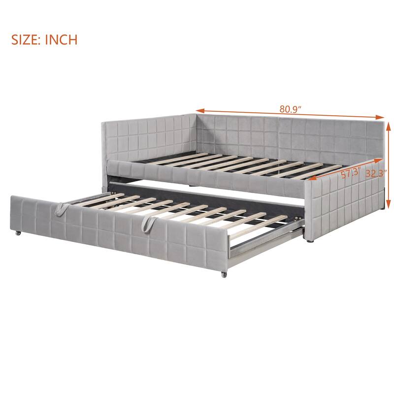 Full Size Daybed with Pull-Out Lift-Up Trundle, Upholstered Daybed Platform Bed with Stripes L-Shaped Backrest and Wood Slats