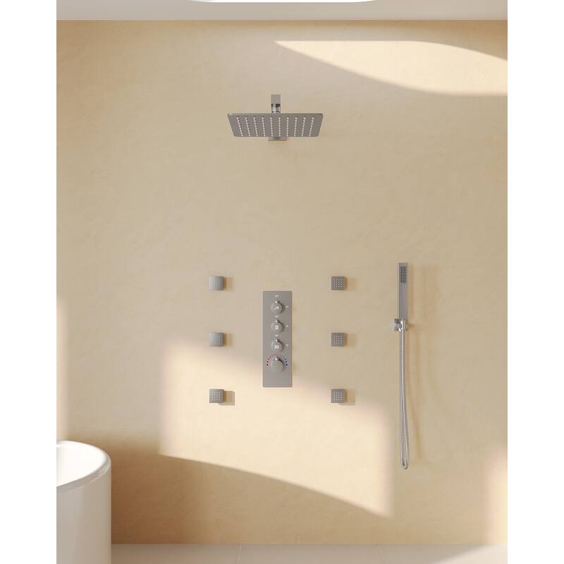 GRANDJOY Thermostatic Shower Faucet Set 12 inch Wall Mount Rainfall Shower Head with 6 Body Jets and Handheld Spray Combo