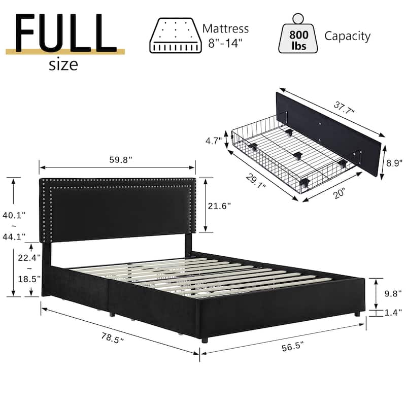 VECELO Upholstered Storage Bed Frames with 4 Storage Drawers Platform Bed Frame with Adjustable Velvet Rivets Headboard