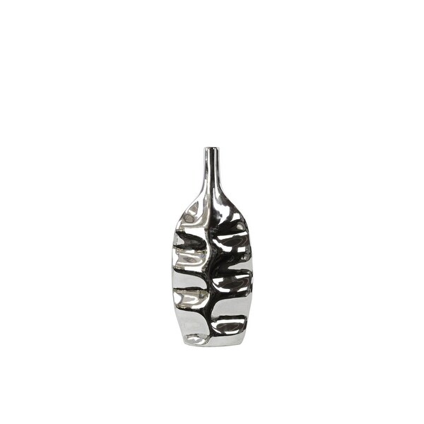 Urban Trends Ceramic Eliptical Bottle Vase with Wrinkled Body Small Polished Chrome Finish Silver
