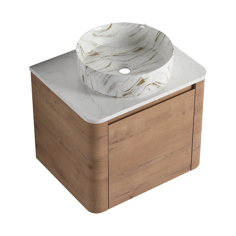 24'' Wall-Mounted Bathroom Vanity With Ceramic Art Sink & 1-Soft-Close Door,KD-Packing, Plywood